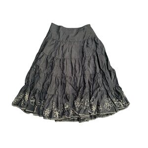 Black Silk Cotton Tiered Ruffle Skirt with‎ Floral Embroidery Size Medium